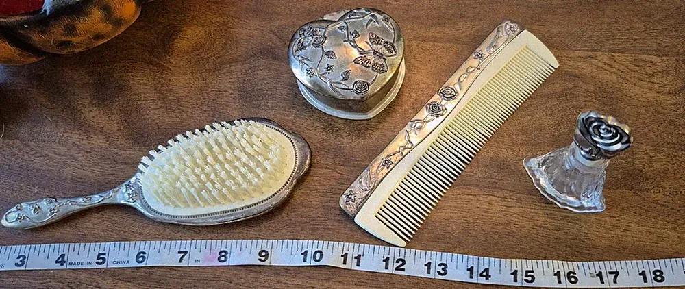 4 Vtg Silverplated Hair Brush & Comb Vanity Heart Trinket Box Set & perfume