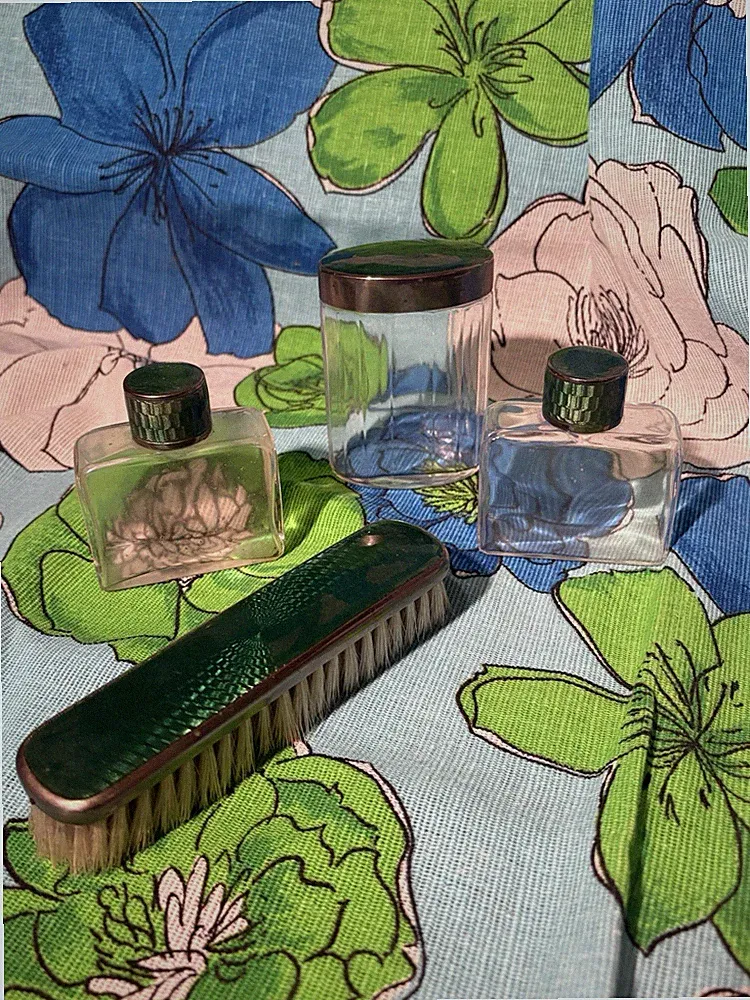 Antique VTG Art Deco Green Enamel Guilloche Perfume Cologne Bottle Brush Vanity