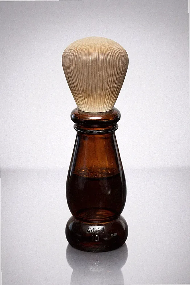 Avon 1970s Barber Shop Brush Cologne Figural Bottle Amber Glass, 5.25”
