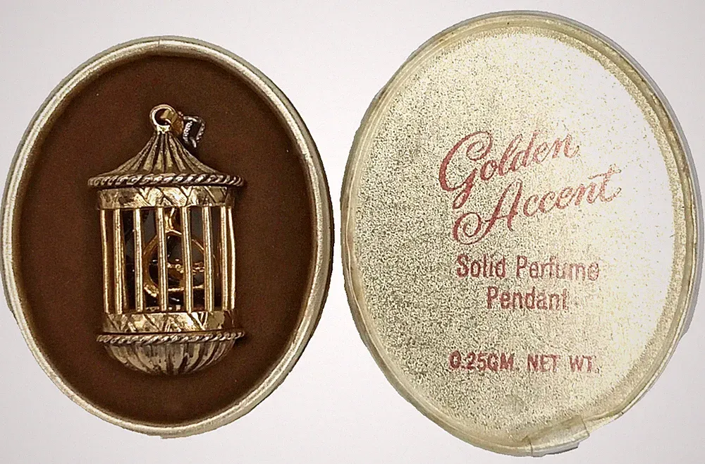 Mid Century 1960s Fuller Brush Co Golden Accent Solid Perfume Pendant With Box