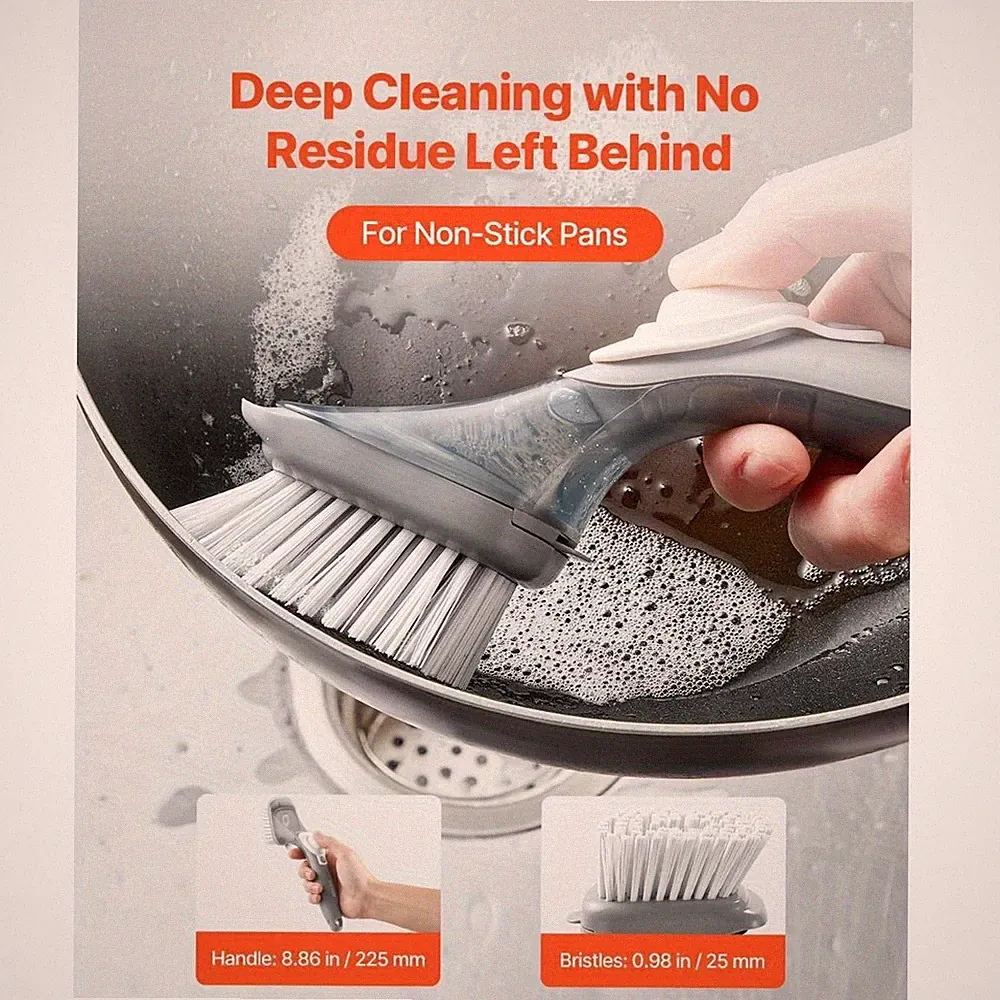 Soap Dispensing Dish Cleaning Brush with 3 Brush Head Set
