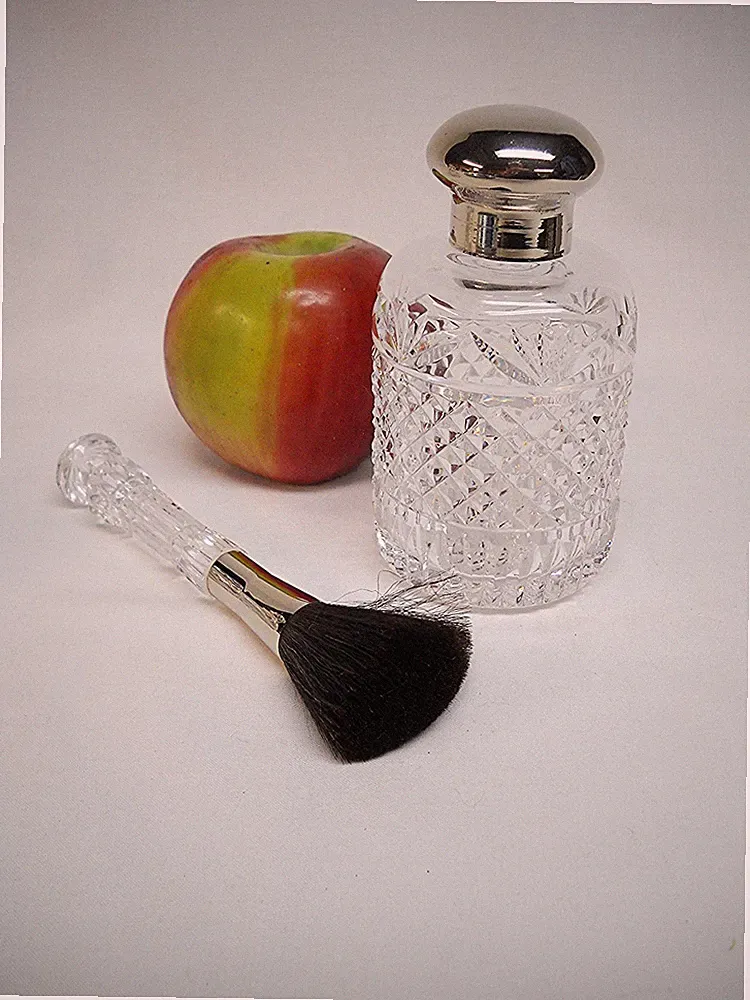 VINTAGE WATERFORD CUT GLASS COLOGNE BOTTLE, MAKE-UP BRUSH-LADY'S VANITY ITEMS-VG